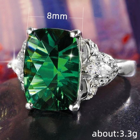 💍 Dainty Large Square Cut Green Zircon Emerald Rings for Women, PD502 - Picture 5 of 5